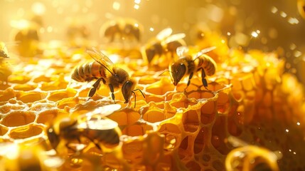 closeup of honey bees on honeycomb in beehive apis mellifera concept illustration - obrazy, fototapety, plakaty