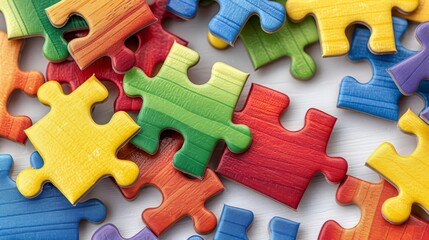 closeup of colorful interlocking puzzle pieces on white background - obrazy, fototapety, plakaty