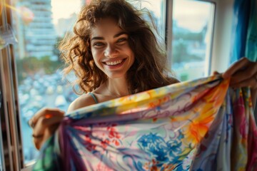 A radiant woman smiles as she holds up a colorful scarf by a window with a cityscape in the background - obrazy, fototapety, plakaty