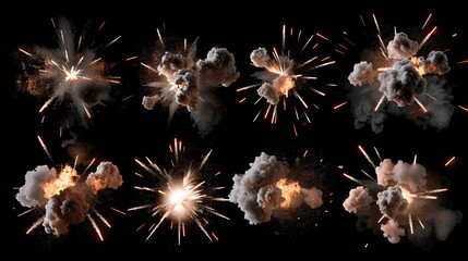 collection of realistic explosion cutout elements isolated on black background