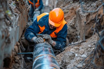 Obraz premium Construction worker in orange safety helmet fixes pipes in an excavation site with focus on hands