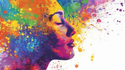 colorful paint splatter illustration of happy female head mindfulness and selfcare concept mental health abstract art - obrazy, fototapety, plakaty