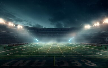 A large American football stadium at night with lights shining down on the green field