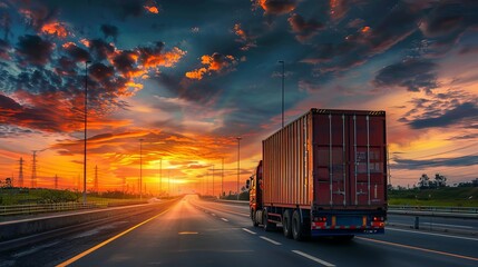 container truck on highway road at sunset sky logistics import export and cargo transportation industry concept digital photography