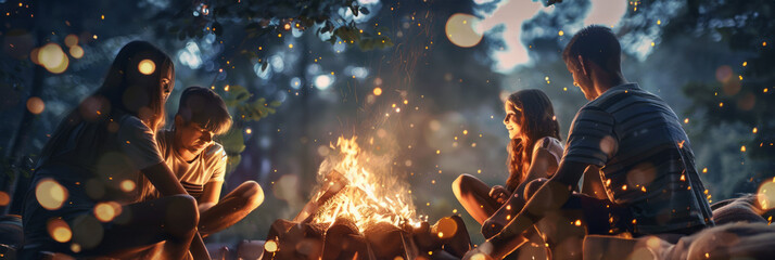 A group of happy people are sharing smiles around a campfire, enjoying the leisure of travel. The sky is clear, adding to the fun atmosphere of this recreation event in the beautiful landscape, banner