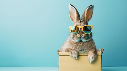 cooler german easter bunny with sunglasses in gift box blue background - obrazy, fototapety, plakaty