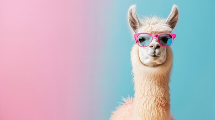 Fototapeta premium cute llama wearing trendy sunglasses on bright pastel background creative surreal animal concept