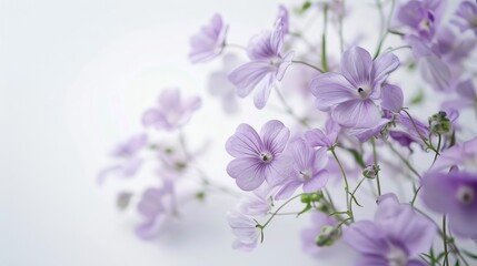 Naklejka na ściany i meble delicate purple flowers blooming on pure white background floral still life photography