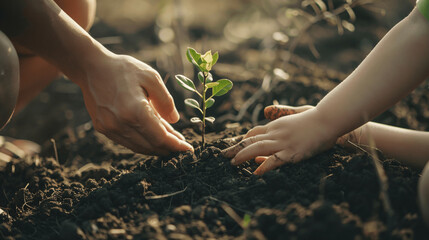 Child and Parent's Hand Planting new Plant In The Soil To Conserve Environment, Green Concept