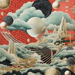 abstract surreal collage of mountains, clouds and planets