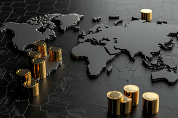 Global money map. World map made of money coins on black background, financial graph, world map and global network business concept.