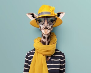 Sophisticated giraffe in summer yellow sun hat and bright scarf - 787439762
