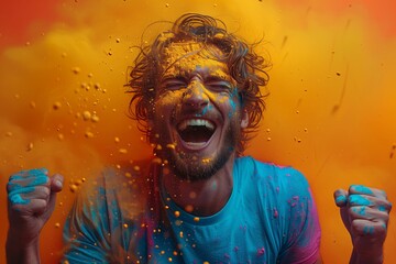 Man exploding with colorful powder joy