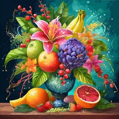 a vibrant digital illustration of a bouquet combining exotic flowers with luscious fruits dripping with juicy goodness.