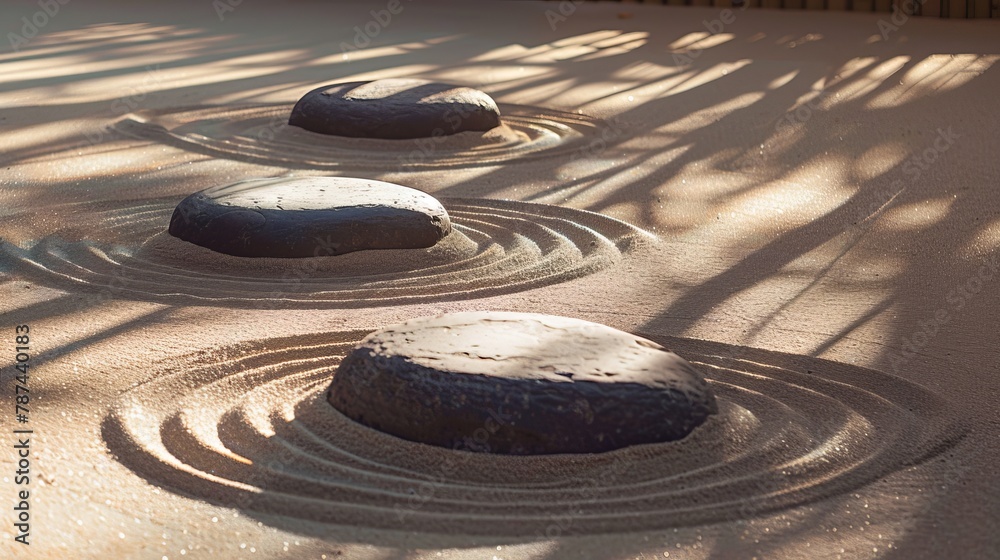 Poster early morning sunlight casting elongated shadows on sand inscribed with circular patterns around sto