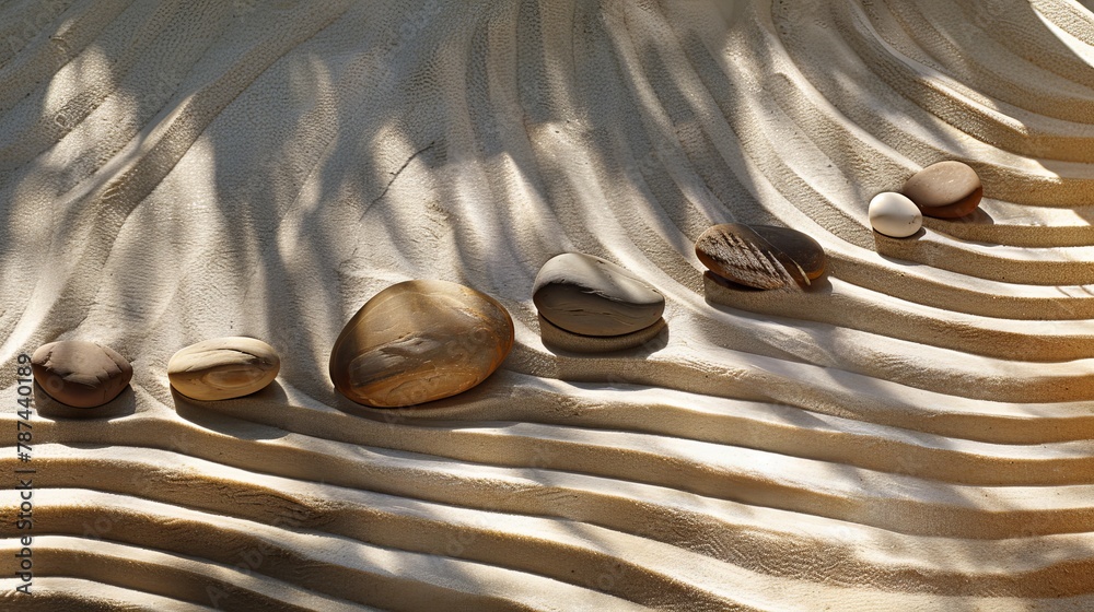 Poster A serene display of various-sized smooth stones neatly arranged on a textured sandy background casting gentle shadows