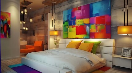 modern contemporary room interior backdrop house bedroom interior with vibrant color design decoreating with wooden frame photo artwork on feature headboard wall home design ideas