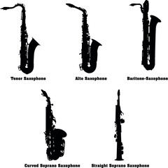 Saxophones Vector Musical Instrument Silhouette Set