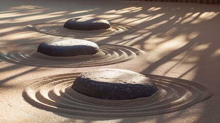 Fototapeta na wymiar Early morning sunlight casting elongated shadows on sand inscribed with circular patterns around stones