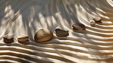 Fototapete A serene display of various-sized smooth stones neatly arranged on a textured sandy background casting gentle shadows © ChaoticMind