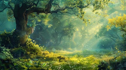Fototapeta na wymiar enchanted fairytale forest with majestic trees and lush vegetation mystical fantasy landscape digital painting