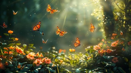 enchanting fantasy forest scene with butterflies and flowers dreamy fairy tale landscape copy space
