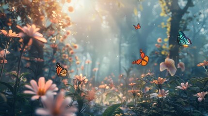 Obraz na płótnie Canvas enchanting fantasy forest scene with butterflies and flowers dreamy fairy tale landscape copy space