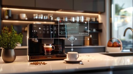 Modern coffee machine brewing espresso in a stylish kitchen