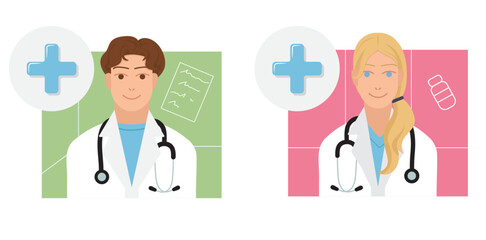 Nice male and female doctors brown hair, blond hair with stethoscope and white coat, blue clothing on pink and green background for icons, profile, apps, wallpapers, posters