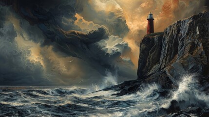 Dramatic seascape with a lighthouse standing against a backdrop of dark, stormy clouds and rough sea waves - obrazy, fototapety, plakaty