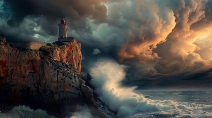 Fototapeta na wymiar A lone lighthouse stands resilient against towering waves and a dramatic, stormy sky in a show of nature's power and beauty