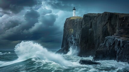 A peaceful lighthouse atop steep cliffs stands guard over rough seas, a contrasting depiction of...