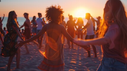 Fototapeta premium Silhouettes of joyful people dancing on the beach, celebrating life with a beautiful sunset in the background