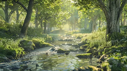 Gordijnen This mesmerizing scene of a creek winding through a lush, enchanted forest bathed in ethereal sunlight, evokes a sense of peace and the magic of natural landscapes © ChaoticMind