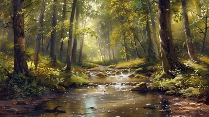 Obraz premium A soothing stream flows through a peaceful forest, with sunlight creating a golden hue that invites viewers to enjoy the tranquility and beauty of the wilderness
