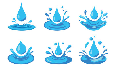 Set of drop and splash water in flat style. Hand drawn vector art.