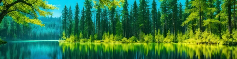 Obraz premium Abstract illustration reflection of forest in water midsummer. Background for banner, poster, website header, place for text. 