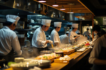 Professional chef cooking in the kitchen Japanese restaurant at the hotel. Restaurant kitchen crew...