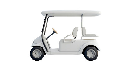 A white golf cart against a clean, light background, with visible steering wheel, seat, and golf bag holding area.