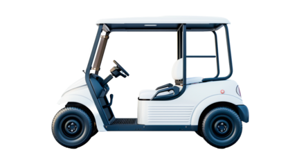A modern white golf cart with two seats and a steering wheel on a plain grey background.