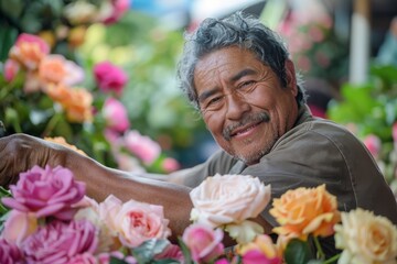 Smiling senior man surrounded by beautiful colorful roses in a garden setting - obrazy, fototapety, plakaty