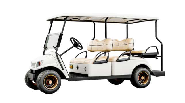 A white four-seater golf cart with a beige roof and seats on a plain gray background, studio lighting, no people.