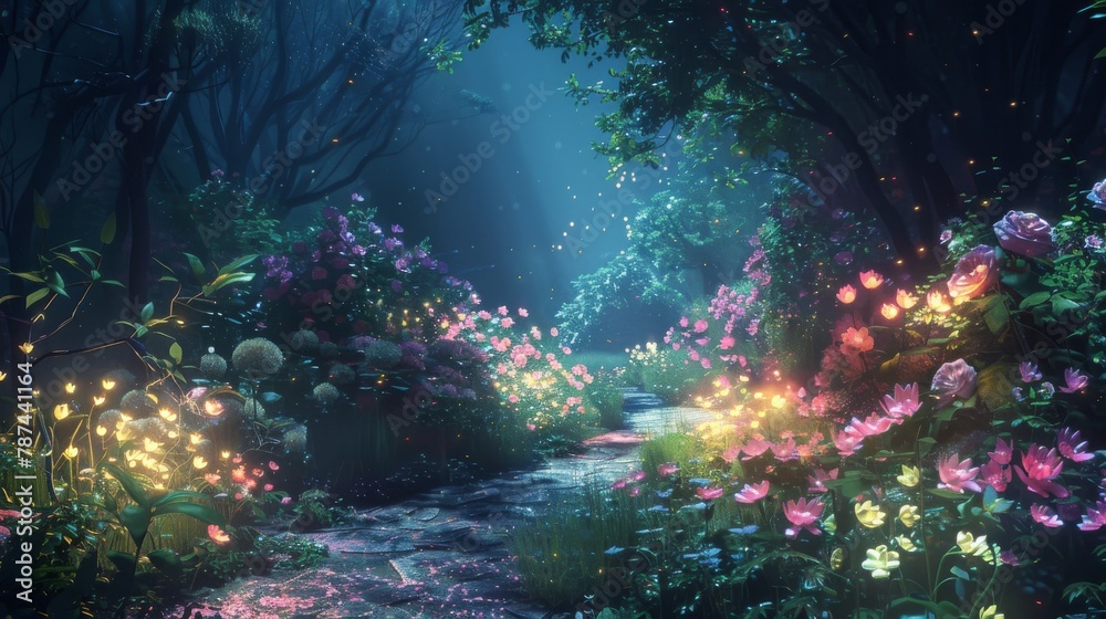Aufkleber a serene and mystical garden scene with a gentle river running through and glowing flora, creating a