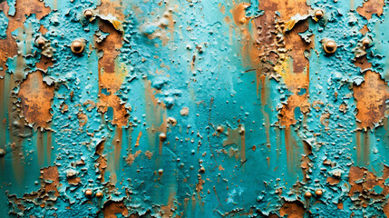 Aged blue metallic surface with flaking paint and rust, showing signs of weathering and corrosion over time. Texture background. - obrazy, fototapety, plakaty
