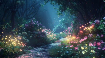 A serene and mystical garden scene with a gentle river running through and glowing flora, creating a peaceful and dream-like atmosphere - obrazy, fototapety, plakaty