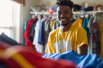 A smiling young man stands in front of a vibrant wardrobe full of various garments, enhancing his joyful mood