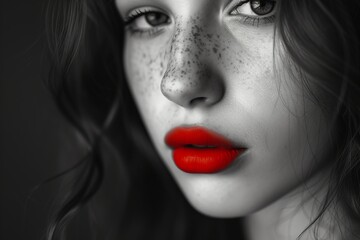 Black and white closeup shot of a European female face with red lips, showcasing the intricate details of her eye, eyelash, iris, and jaw, shooting a portrait for a fashion magazine