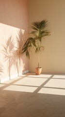 Empty wall with shadow from plants, home flower in pot near wall