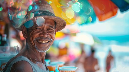 A vendor at the beach serves brightly colored drinks, with sunshades and people in the background - obrazy, fototapety, plakaty