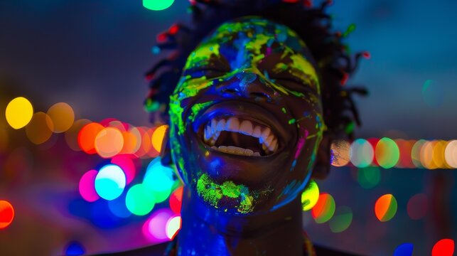 A man covered in vibrant paint splatters laughs joyfully against a backdrop of colorful lights